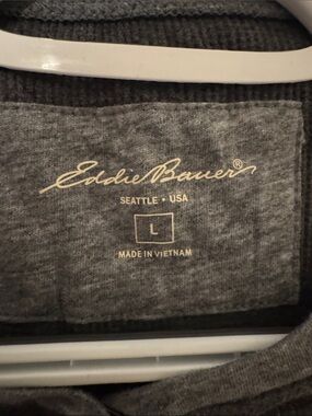 Eddie Bauer Woman’s Charcoal Grey Henley Pullover Knit Top with Light Gray Trim